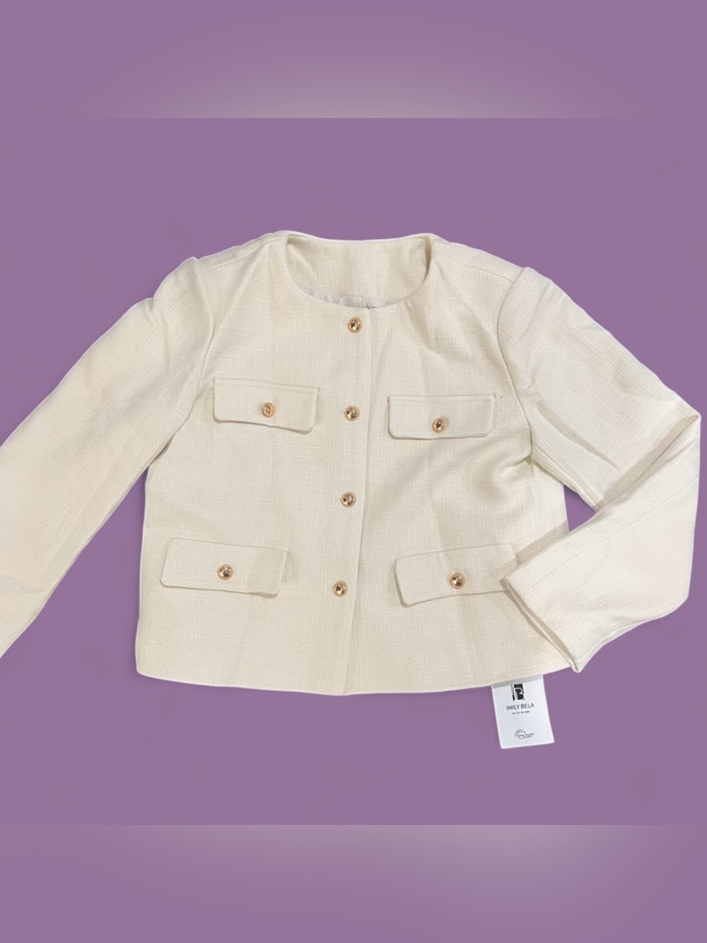 Imily Bela Cream White Tweed Cropped Blazer Jacket Gold Buttons Size M NWT